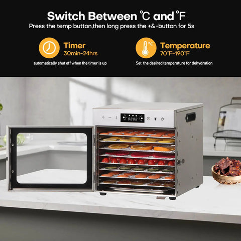 Big Time Eight Tray Stainless Steel Food Dehydrator Machine For Beef Jerky Dried Fruits Vegetables Herbs And Homemade Dog Treats No Fuss Quick Dry Performance with open door and digital display.