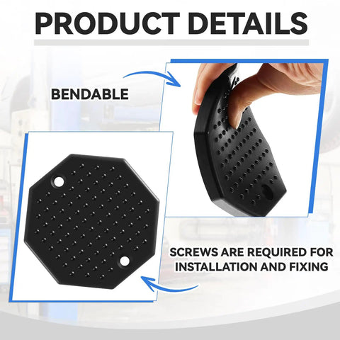 Heavy Duty Rubber Lifting Arm Pads 4 Pack Universal Octagon Shop Grade Auto Hoist and Floor Jack Protectors to Shield Pinch Welds and Subframes Legit Garage Essentials Built Tough showing flexible design and installation details.