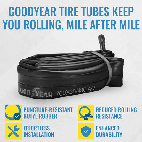 Self Sealing 700C Inner Tube With Butyl Rubber For MTB Riders Easy Install Puncture Resistant Low Rolling Resistance Durable Tube For 35 Or 43C Tire Widths displayed with puncture-resistant features and installation benefits.