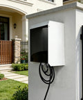 Badass Wall Mounted EV Charger Guard, All Weather Kickin Shield For Outdoor Electric Vehicle Stations, rust-free cover on driveway wall.