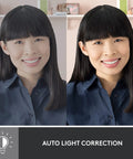 Crisp 1080P Full HD Webcam Featuring Auto Light Correction displaying before and after effects on a smiling woman.