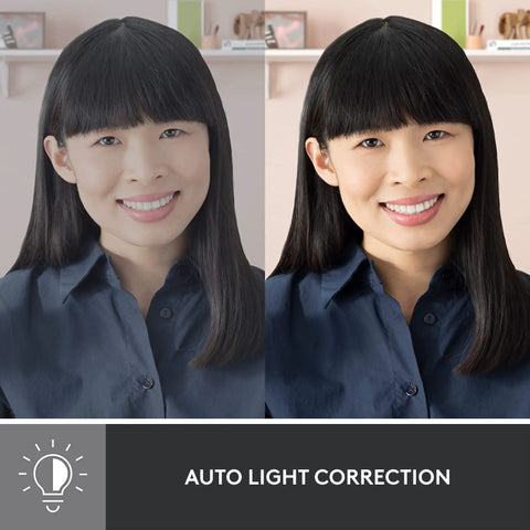 Crisp 1080P Full HD Webcam Featuring Auto Light Correction displaying before and after effects on a smiling woman.