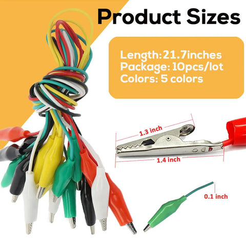 30 Piece Gator Clips Electrical Set With Five Color Crocodile Clips And Dual Ended Jumper Wires Power Test Probes displayed with dimensions
