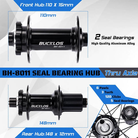 27.5 And 29 Inch Thru Axle MTB Wheelset front 110mm 15mm rear 148mm 12mm disc brake AL6061 hub close-up view
