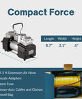 12V Portable Air Compressor With LED Flashlight Compact Double Cylinder Tire Pump Up To 150 PSI with accessories displayed