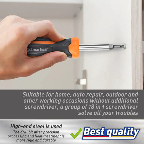Person using 18 In 1 Multi Bit Screwdriver Set with Ergonomic Handle Portable All In One Tool Kit for home DIY projects on wood