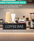 Wooden Coffee Bar Organizer With Four Compartments And Removable Dividers For Home And Office Kitchen Station Keeps Pods Sugar Packets Tea Bags Creamers And Condiments Neat And And Super Easy To Grab displaying cups and condiments on counter