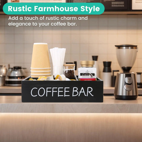 Wooden Coffee Bar Organizer With Four Compartments And Removable Dividers For Home And Office Kitchen Station Keeps Pods Sugar Packets Tea Bags Creamers And Condiments Neat And And Super Easy To Grab displaying cups and condiments on counter