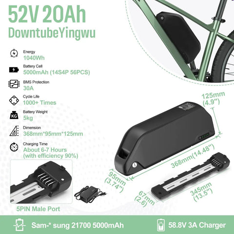 52V 20Ah downtube battery for 52V 1000W Mid Drive Ebike Conversion Kit with CAN Bus BBSHD Motor, dimensions and specifications displayed