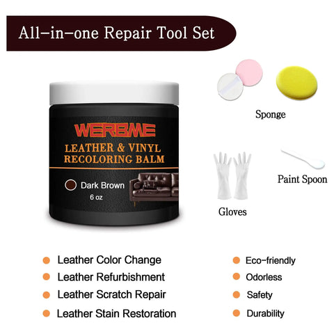 Dark Brown Leather Recoloring Balm Slaps New Shine On Worn Furniture Couches And Car Seats Revives Faded Scratched Or Cracked Vinyl For A Fresh New Vibe Quick Drying Formula Provides Smooth Coverage Without Streaks, featuring 6 oz jar and tool set.