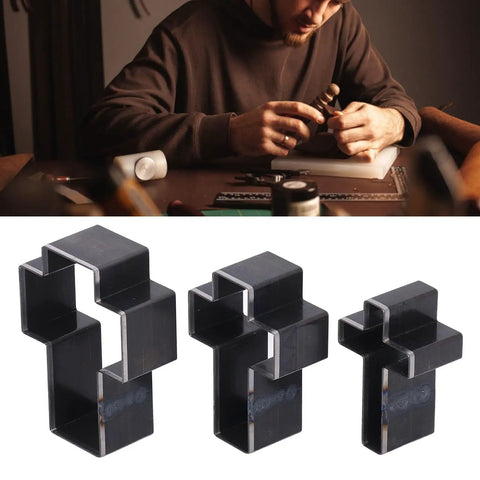 Man using Cross Shape Leather Cutting Die Kit for DIY Leather Crafts Manual Punch Tool Set in Alloy Steel on a workbench