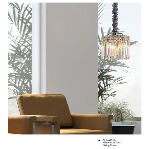 Modern Crystal Chandelier With K9 Crystals And Warm Gold Frame illuminating a contemporary living room with brown armchair