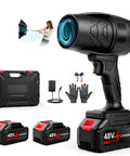 Cordless Leaf Blower With Two 4Ah Batteries And Charger Electric Handheld Blower for yard and car cleaning, with accessories.