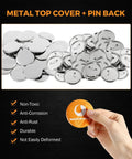 Premium DIY Button Making Kit Includes 200 Sets Of 32Mm 1 26 Inch Metal Button Blanks And Protective Film For Hassle Free Pin Crafting, showcasing shiny metal top covers and pin backs.