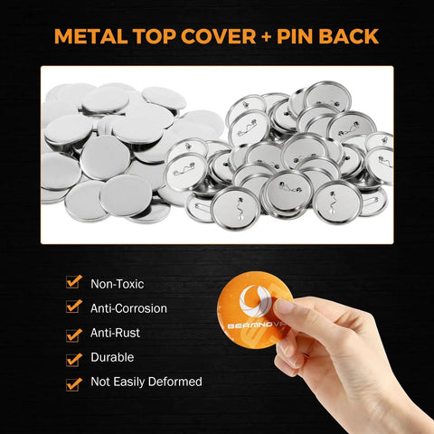 Premium DIY Button Making Kit Includes 200 Sets Of 32Mm 1 26 Inch Metal Button Blanks And Protective Film For Hassle Free Pin Crafting, showcasing shiny metal top covers and pin backs.
