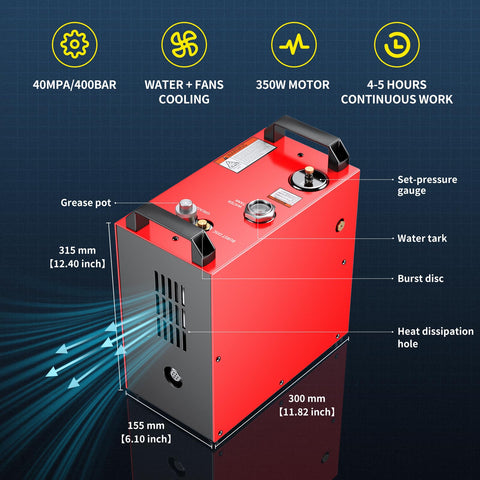 Diagram of Portable PCP Air Compressor With 350W Motor Auto Stop 12V Car Power Built In Home Converter water and fan cooling features