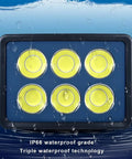 JUDYSSY Led Floodlight Outdoor 100-600W with IP66 waterproof grade, featuring six bright LED chips for security lighting.