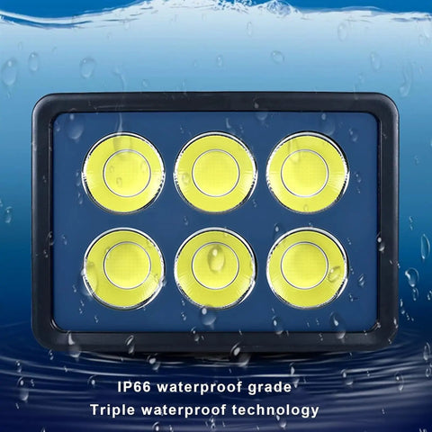JUDYSSY Led Floodlight Outdoor 100-600W with IP66 waterproof grade, featuring six bright LED chips for security lighting.