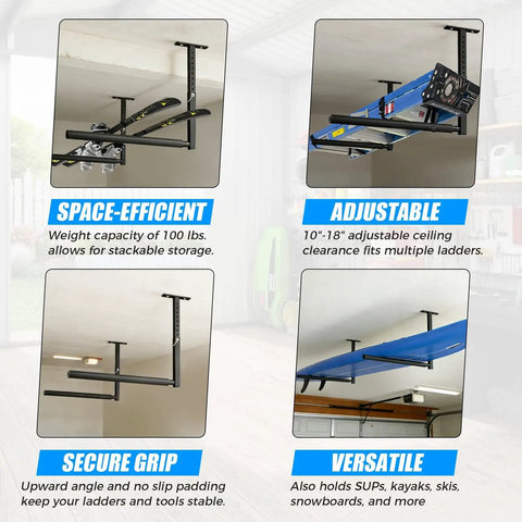 Stainless Steel Ceiling Storage Rack With 10 To 18 Inch Adjustable Height, heavy-duty overhead organizer installed in a garage.