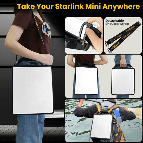 Starlink Mini Magnetic Mount With Protective Silicone Case Two In One Satellite Dish Mount And Cover Two Hundred Pound Magnetic Bases Handle And Shoulder Strap Includes One Quarter Inch Twenty Nuts For RVs Cars Boats Road Trips in use shown with shoulder strap.