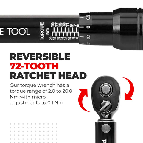 Pro Grade Bike Torque Wrench Set With 2 To 20 Nm Micro Adjustable Torque And Zero Point One Nm Precision 72-tooth ratchet head