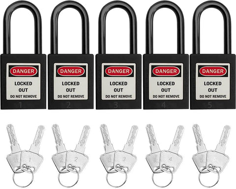 Keyed Differently Lockout Tagout Padlock Set For OSHA LOTO Safety with aluminum core locks numbered 1 to 5 and matching keys shown.