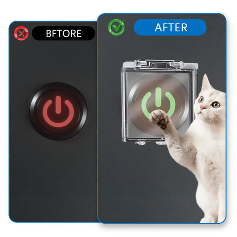 Before and after using 4 Pack Square Power Button Covers Dustproof Switch Cap Guards Clear Plastic Protectors No Fuss Easy Adhesive Backing For Computers Dishwashers And Washing Machines, with a cat paw.
