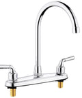 Heavy Duty All Metal RV Kitchen Faucet With Chrome Finish Zero Leak Drama Smooth Water Flow Anti Splash Handle Built Tough For Camper Rig And Road Trip, showcasing the curved spout and dual handles.
