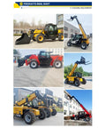Kickass Workhorse Heavy Duty Telehandler Forklift With Long Telescopic Boom Designed For Rugged Job Site Material Handling And Rough Terrain Loading Tasks, shown in various angles and applications.