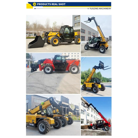 Kickass Workhorse Heavy Duty Telehandler Forklift With Long Telescopic Boom Designed For Rugged Job Site Material Handling And Rough Terrain Loading Tasks, shown in various angles and applications.