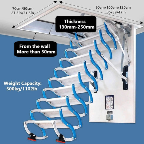 Heavy Duty Electric Attic Ladder With Wireless Remote Control And Retractable Alloy Loft Stairs showing design details, size, and capacity.