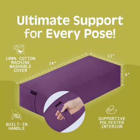 Yoga Bolster Pillow For Restorative Sessions And Meditation Cushion With Plush PET Filling, 100 Percent Cotton Cover, Eco Friendly Practice Prop For Back, Neck And Joints, Washable Cover And Everyday Cozy Comfort. 24x12x6 purple rectangular bolster with handle