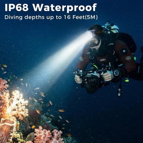 Scuba diver using Rechargeable Diving Headlamp With 4 Lighting Modes Battery Level Indicator 10 Hour Runtime Dual Switch Scuba Dive Light underwater.