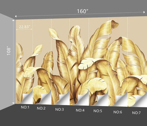 Gold Banana Leaf Botanical 3D Wall Mural For Bedroom And Living Room Huge 160 By 108 Inch Fabric Wallpaper Not Peel And Stick Seven Panels