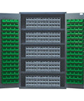 Heavy Duty Shop Ready Bin Cabinet With Fifteen Interlock Drawers And 128 Green Plastic Parts Bins, showing open drawers and organized bins.