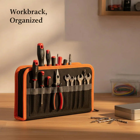 Vertical Tool Organizer Bag For Workbench Red Oxford Cloth Caddy With Open Top Slots for various tools on a workbench
