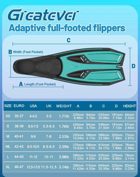 Illustration of Pro-Grade Full-Foot Snorkel Fins with size chart, showing dimensions and adaptive full-footed flippers design.