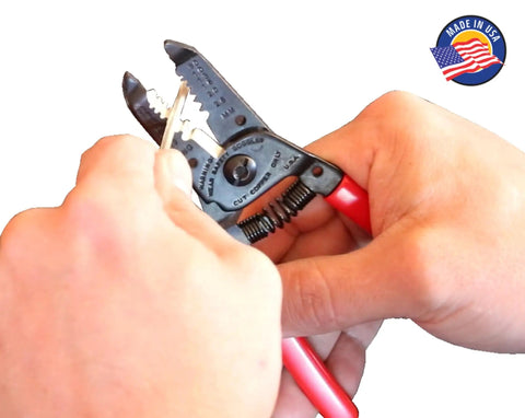 Classic Grip Wire Strippers And Cutters 6.0 Inches For 10-20 AWG Wire, High Carbon Steel Construction with red handles in action