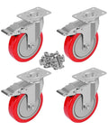 Four 5-inch plate caster wheels with red wheels and mounting plates; includes screws and dual locking brakes.