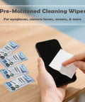 Streak-Free Lens Cleaning Wipes packets (5 shown), blue packaging for glasses and screens, used on a smartphone.