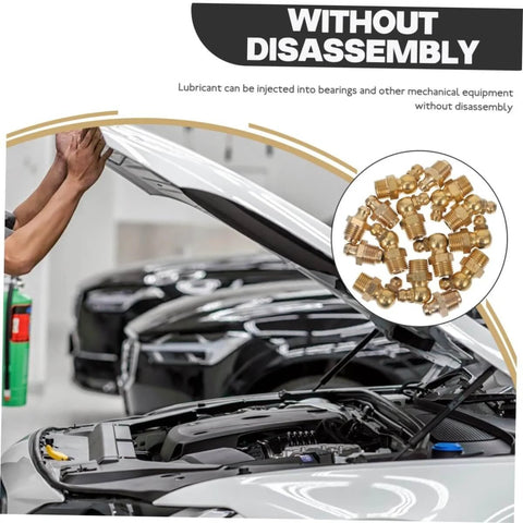 Grease Fitting Assortment Kit For Vehicles Trucks Applications With All In One Lubrication Nozzles For Automotive Motorcycle Farm Equipment And Machinery Bearings Solves Incompatibility Issues And Keeps Grease Fittings Working Smoothly shown with open car hood and fittings.