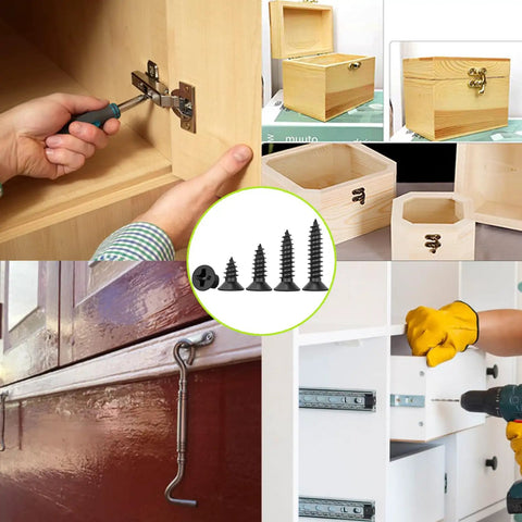 Six Hundred Pieces M3 Black Wood Screws Set Handy Short Lengths 6mm 8mm 10mm 12mm For Electronics DIY Cabinets Tiny Screws Projects used in woodworking and repairs.