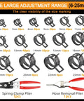 352 Piece Spring Band Hose Clamps Kit 6 To 25mm With 2 Hose Clamp Pliers for automotive and garden projects, showing clamp sizes.