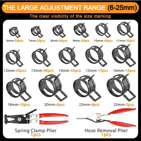 352 Piece Spring Band Hose Clamps Kit 6 To 25mm With 2 Hose Clamp Pliers for automotive and garden projects, showing clamp sizes.