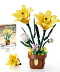 DIY Lily Bonsai Building Set For Adults, 296-piece ABS potted flower kit with yellow blooms and brown pot