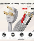 10 Ft 3 Prong Dryer Cord 30A 7500W NEMA 10-30P To 3-Wire Appliance Cord Gray showing plug and wire ends
