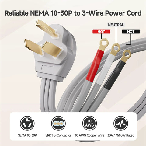 10 Ft 3 Prong Dryer Cord 30A 7500W NEMA 10-30P To 3-Wire Appliance Cord Gray showing plug and wire ends