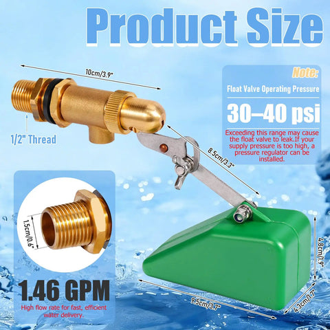 Half Inch Brass Float Valve With Adjustable Arm And 40 PSI Water Level Controller, Automatic 1.46 GPM, product size details.