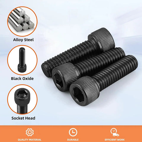 Heavy Duty M3 X10mm Hex Socket Head Cap Screws Made From 12.9 Grade Alloy Steel With Black Oxide Coating, three visible screws.