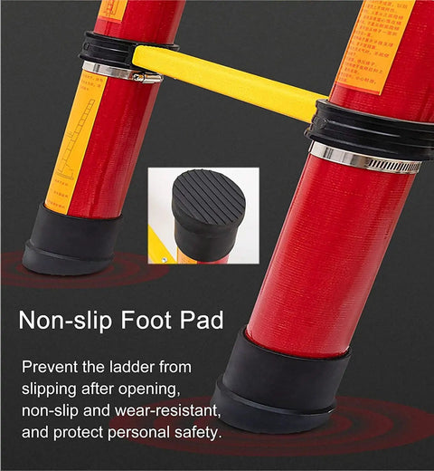 Grab This Bad Boy Compact Fiberglass Telescoping Ladder For Electrical Work That Is Super Sturdy Non Conductive With Wide Anti Slip Treads And Secure Locks Handling Three Hundred Thirty Pounds Like A Champ In Two To Six Meter Sizes non-slip foot pad close up for safe ladder use